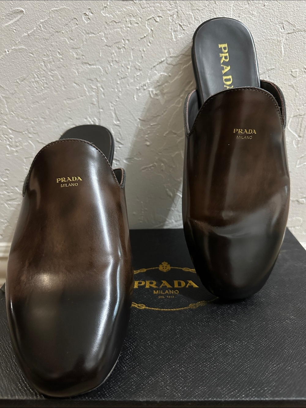 PRADA Fumé Brown Brushed Spazzolato Leather Slip-On Sabot Mules Flat